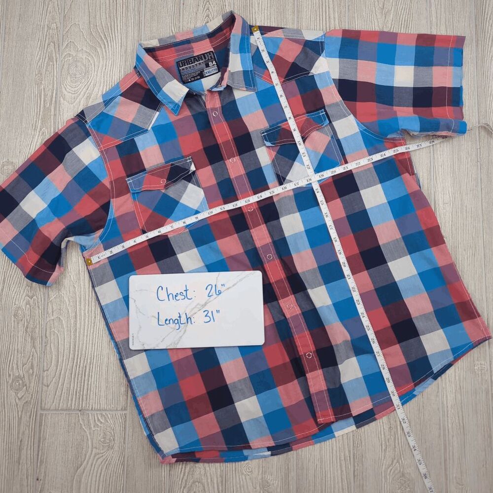 Urban Industry Men Xxl Checkered Red Blue Short Sleeve Casual Button Down Shirt — image 2 of 8